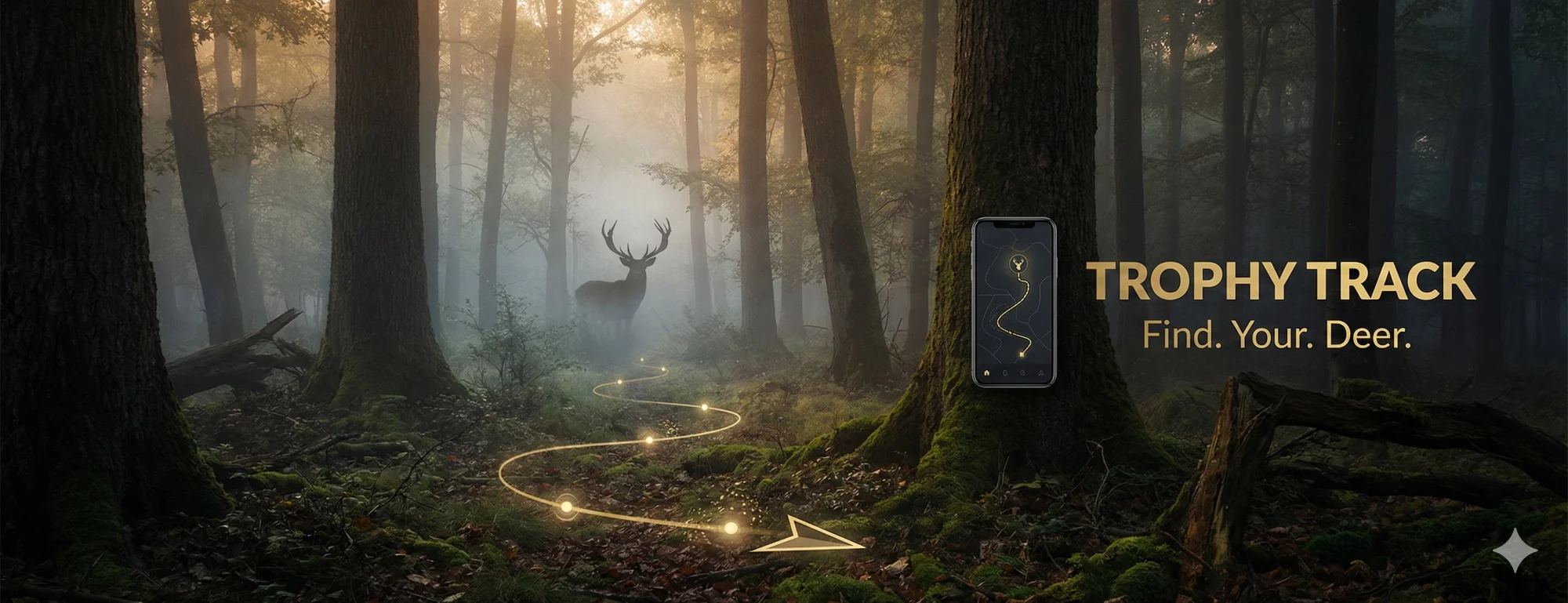 Misty forest with deer silhouette